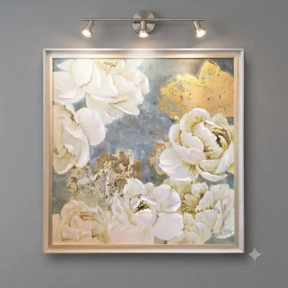 White Peony Oil on Canvas with Gold Leaf Accents, 32" x 32"